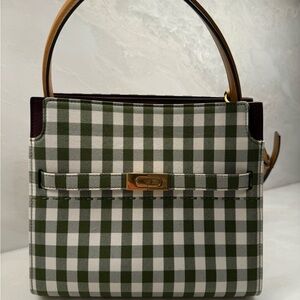 Tory Burch Lee Radziwill handbag . Green and white gingham leather interior.